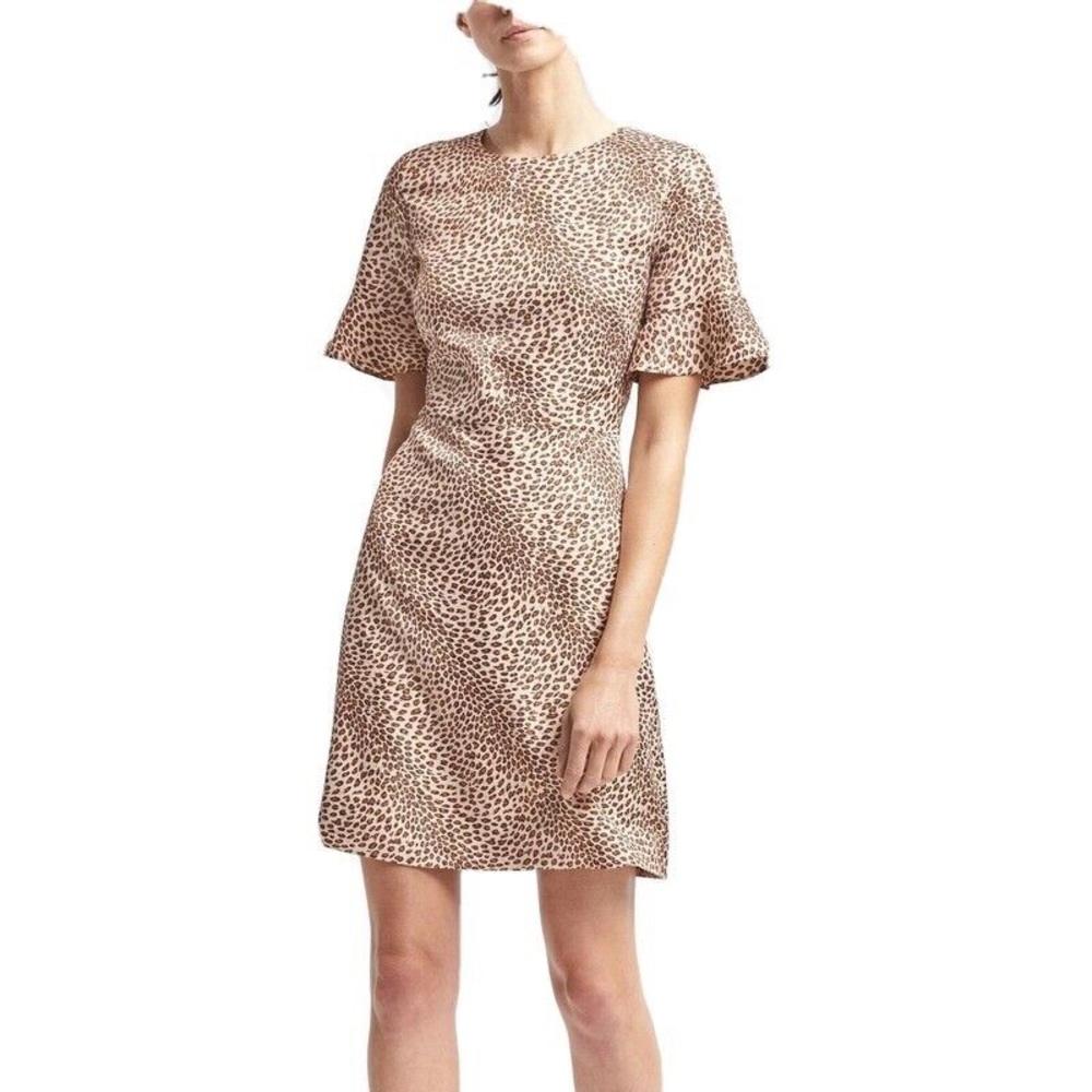 BANANA REPUBLIC leopard print ruffle satin sleeve dress- size 2 worn twice